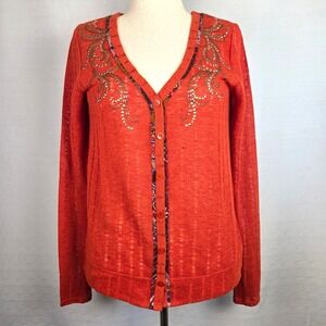 Miss Me Orange Studded Embellished Open Knit Cardigan Sweater Bohemian Women's M